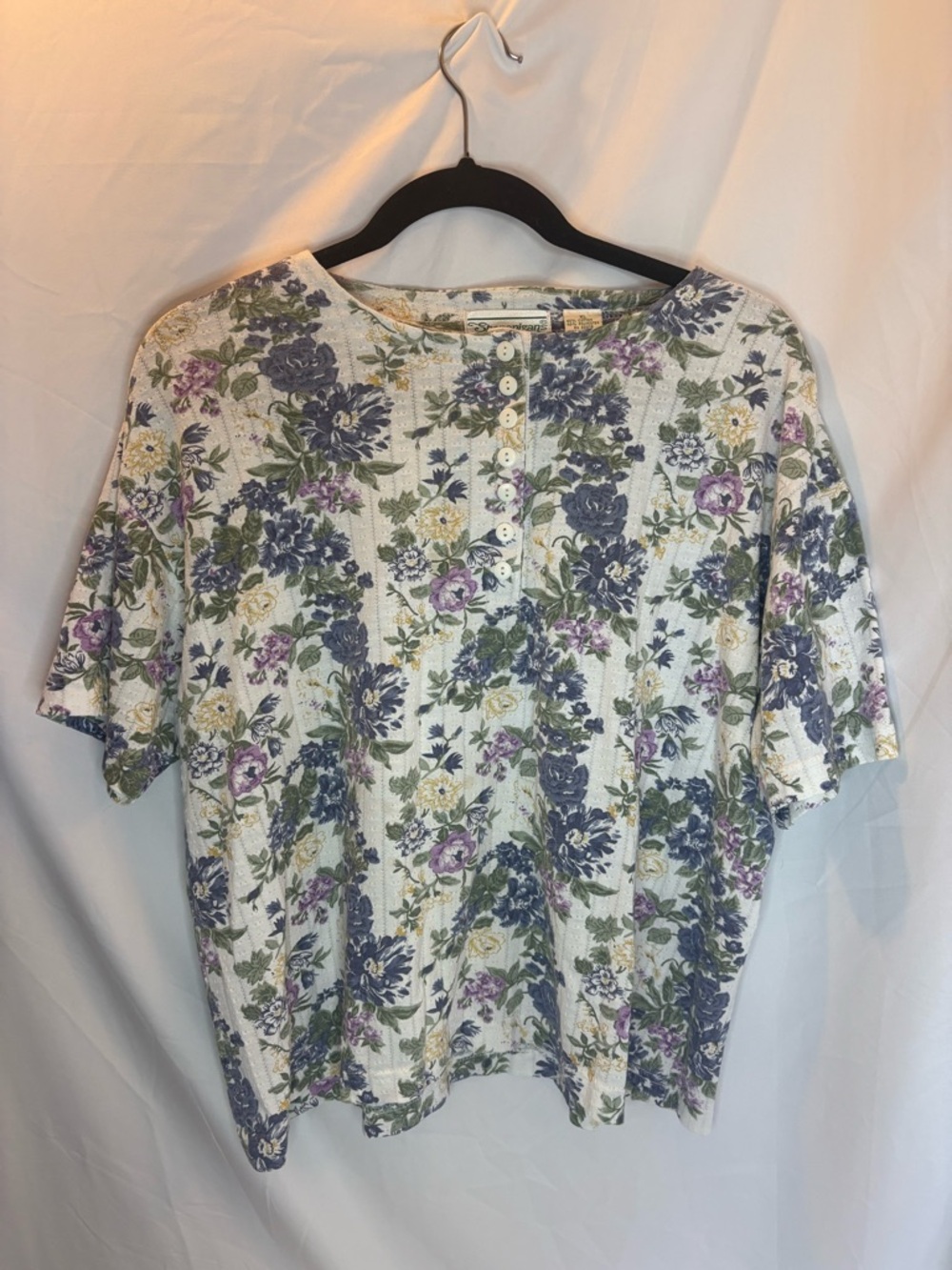 Floral Button Henley Top in Cream, Blue & Purple